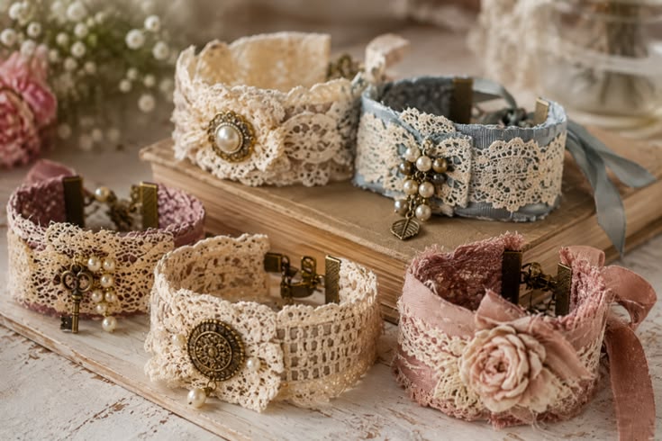 Romantic vintage bracelets made of fabric and lace