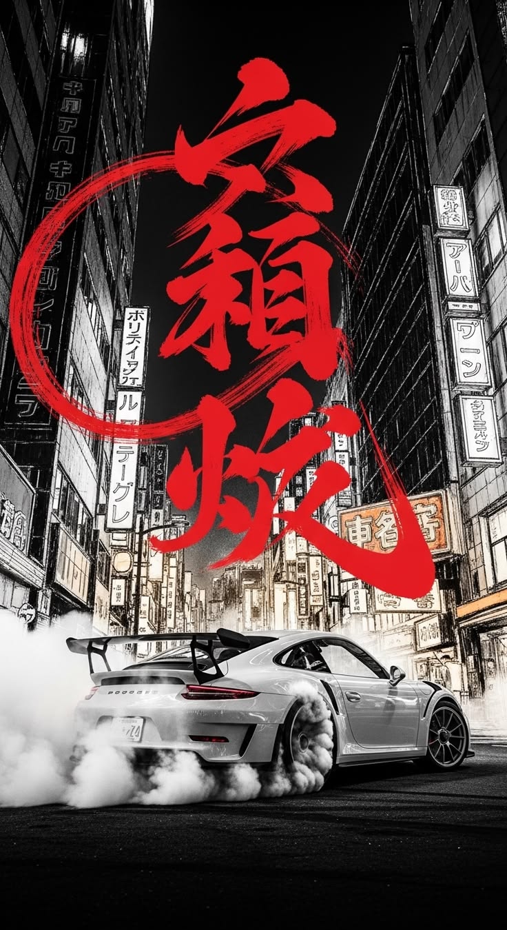 A white Porsche performing a drift through the neon-lit stre
