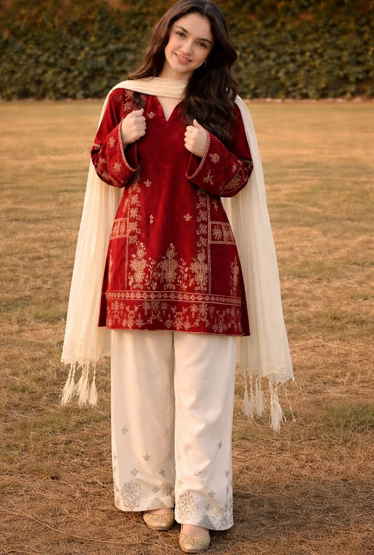 This beautiful red embroidered kurta paired with soft cream 
