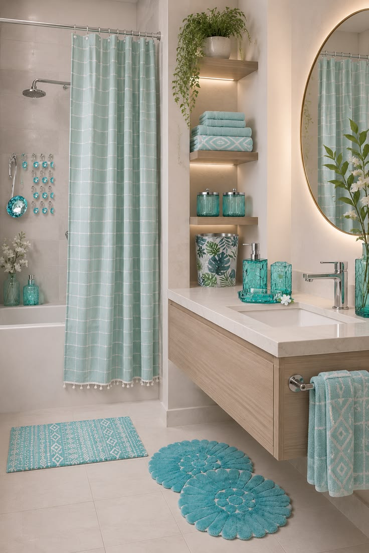 Refresh your bathroom with elegant aqua accessories, plush t