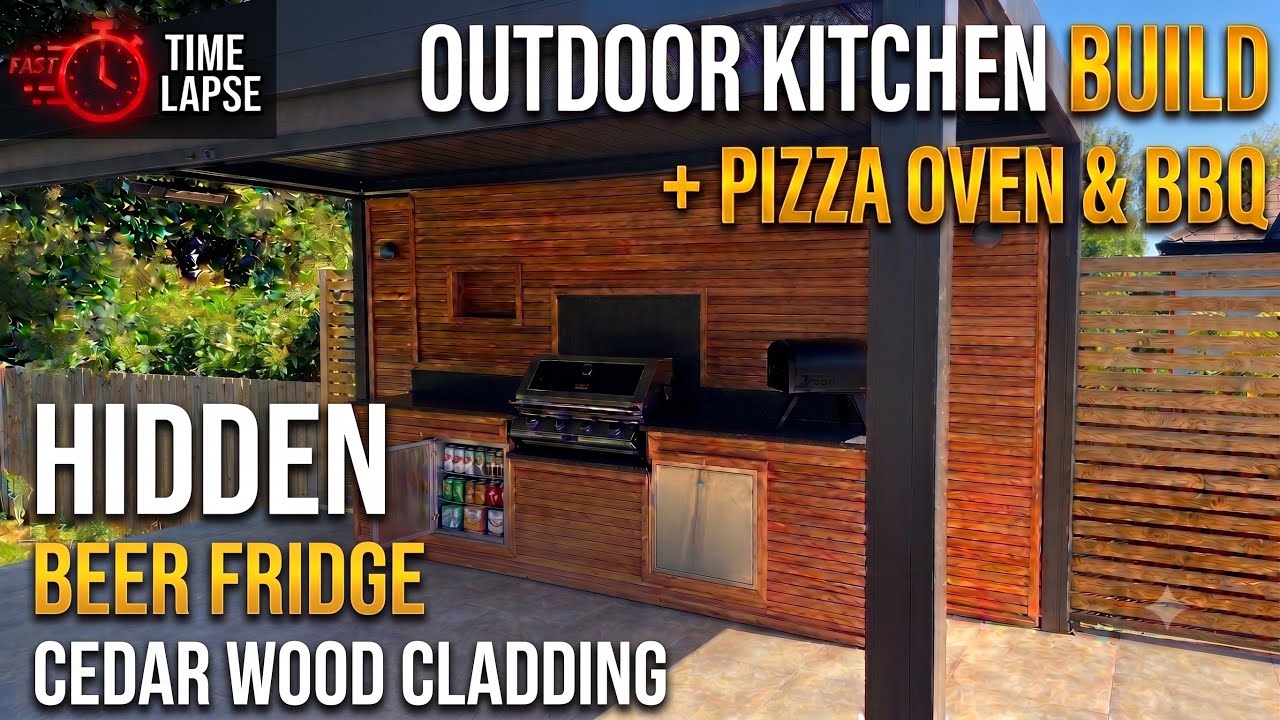 Cedar Wood Outdoor Kitchen | Barbeque | Hidden Beer Fridge | Gozney Pizza Oven | LED Alcoves |