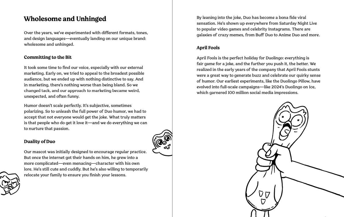 The @duolingo team just published their internal handbook sharing how they build product, hire, experiment, and build a brand around "wholesome and unhinged" 🤣👏👌

Lots of good ideas to borrow/steal for your own team.

Check it out: https://t.co/xcxFUe8I0h 